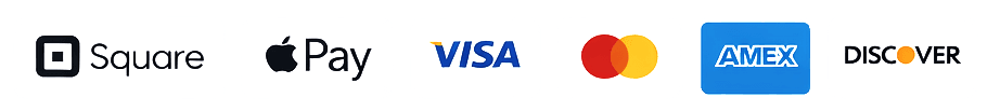 Square, Apple Pay, Visa, Mastercard, American Express, and Discover